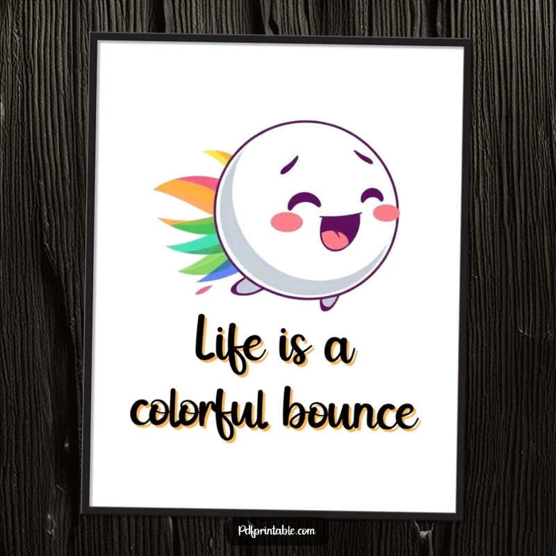 Funny free printable wall art of a playful bouncy ball character zooming across the space, leaving a vivid, colorful streak behind.