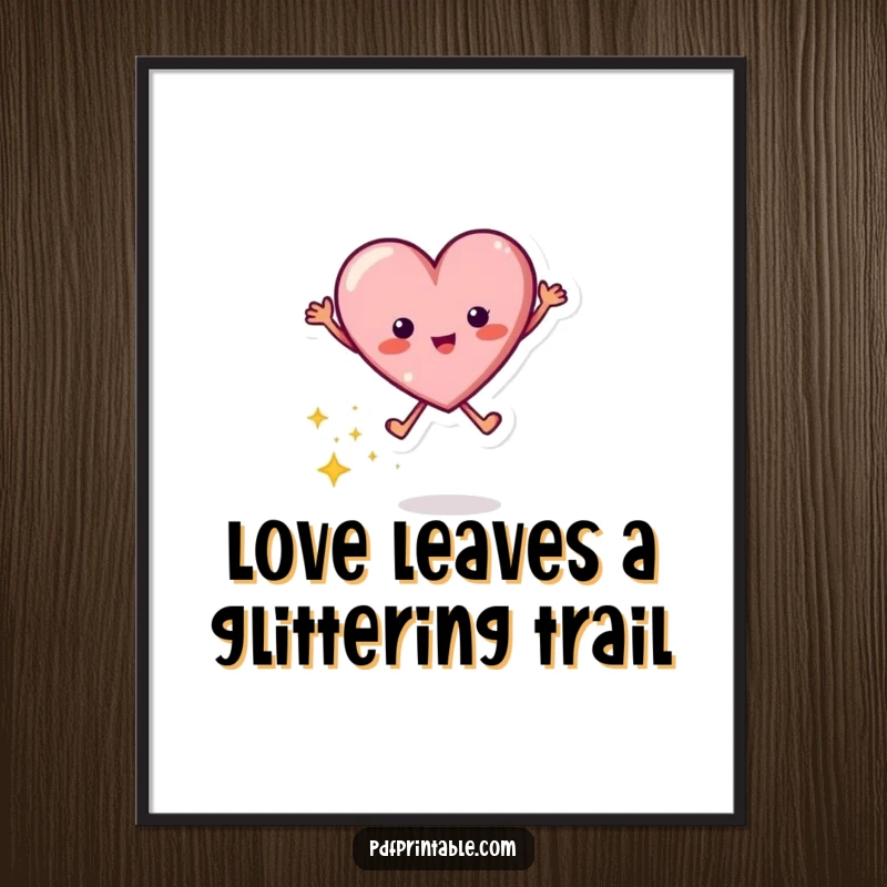 Funny free printable wall art of a jumping heart character enthusiastically leaving a trail of bright, celebratory sparkles, full of life.