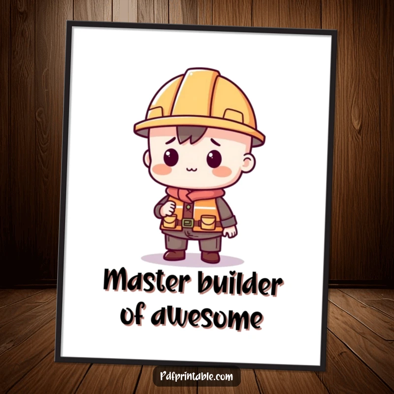 Funny Free Printable Wall Art: Whimsical character in a construction hat playfully assembling colorful geometric shapes into a fun structure.