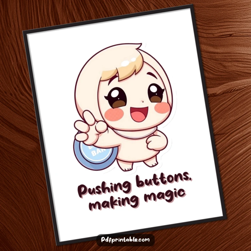 Funny Free Printable Wall Art: A character with a wide, happy smile enthusiastically presses a large button, radiating pure excitement.