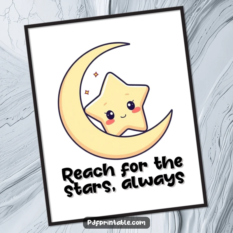 Funny free printable wall art of a small, curious star character peeking playfully from behind a sleek crescent moon in the night sky.