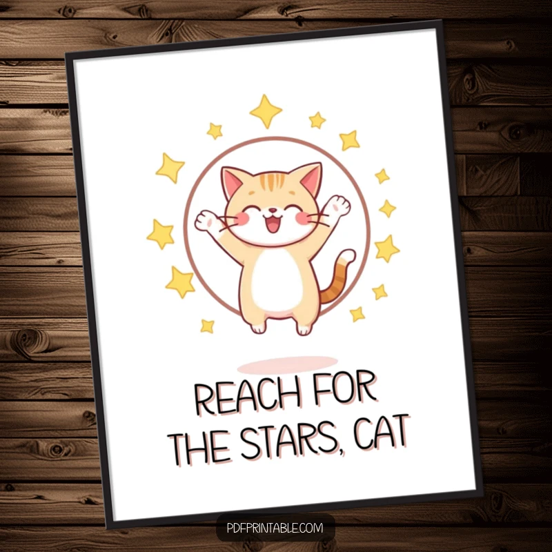 Funny Free Printable wall art: a cheerful cat leaps through a sparkling star hoop, creating a dynamic and humorous piece of downloadable decor.