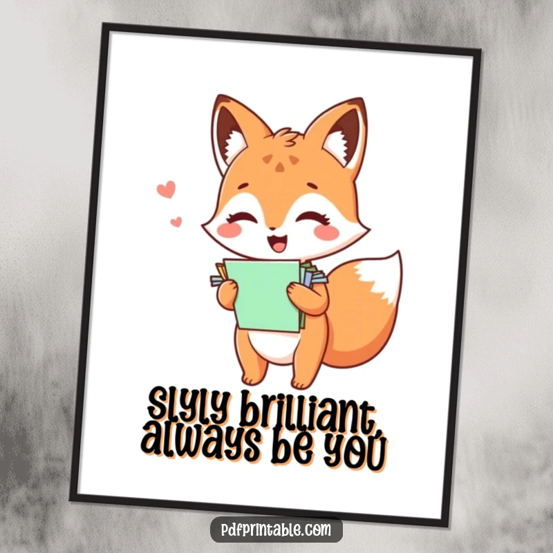 Funny Free Printable Wall Art: A kawaii fox is captured mid-giggle, clutching a chaotic stack of colorful papers.