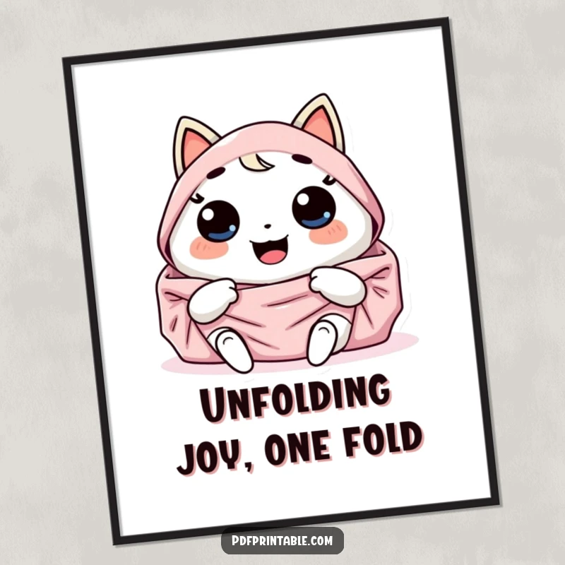 Funny Free Printable Wall Art: Giggling Kawaii character, unfolding a large, colorful design, adding playful charm.