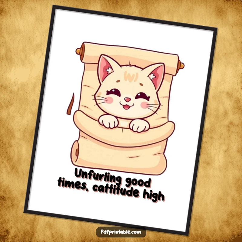Funny Free Printable Wall Art of a smiling cat curiously peeking out from a giant, unrolled scroll.