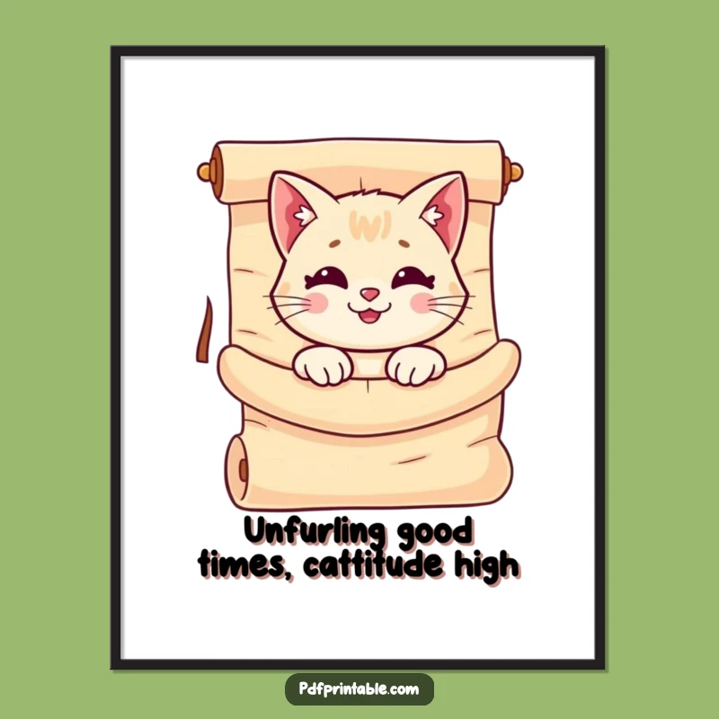 Free Printable Wall Art: Cat Peeking from Scroll Funny Downloadable Art for Whimsy