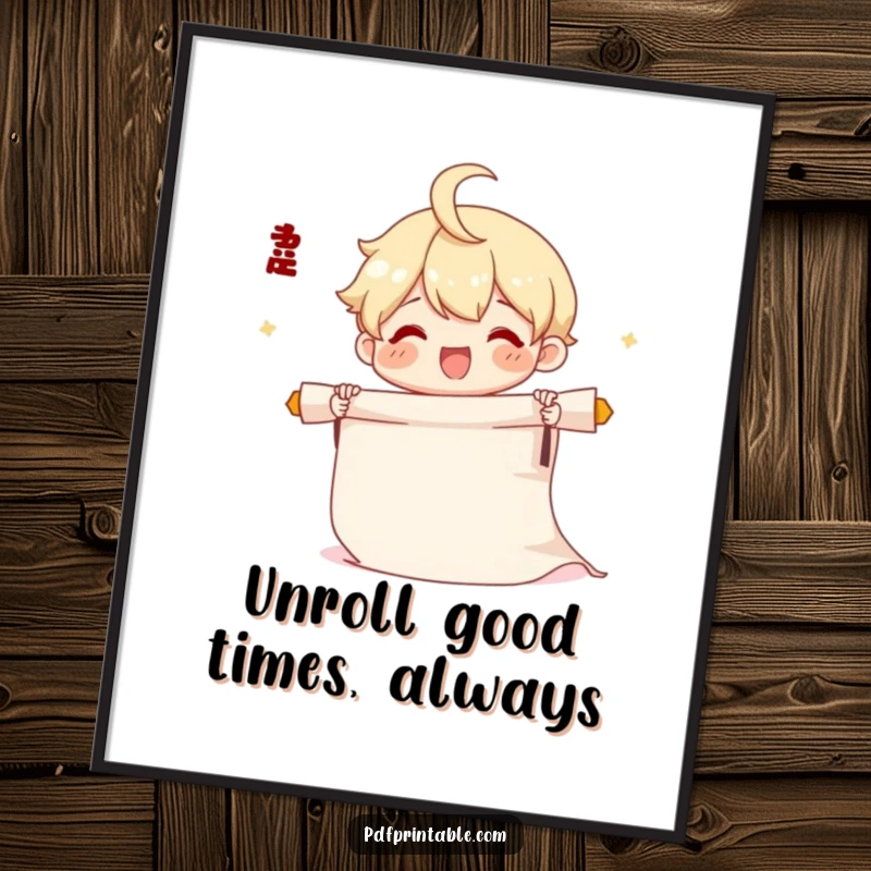 Funny Free Printable Wall Art: A cute character unrolling a long scroll, symbolizing stories and joy in a vibrant, downloadable design.