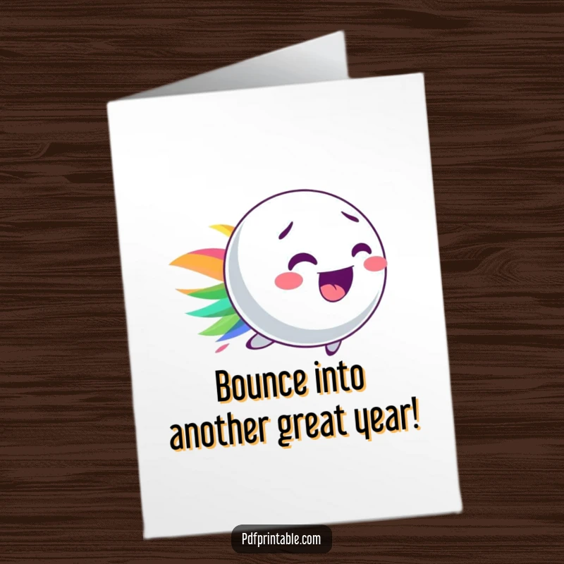 Funny free printable birthday card of a playful bouncy ball character leaving a dynamic, colorful streak as it jumps.