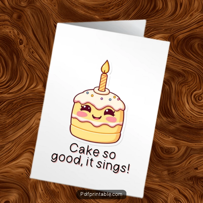 Funny Free Printable Birthday Card featuring a tiny smiling cake character with a burning candle, ready to party.