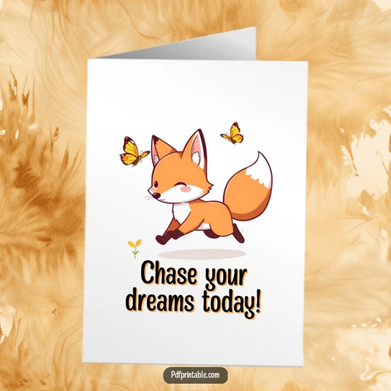 Funny Free Printable birthday card: a playful fox playfully chases a fluttering butterfly through a sunny meadow, celebrating with lighthearted joy.