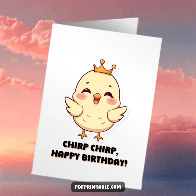 Funny Free Printable Birthday Card: A happy chick wearing a tiny crown chirps joyfully, celebrating a special day.