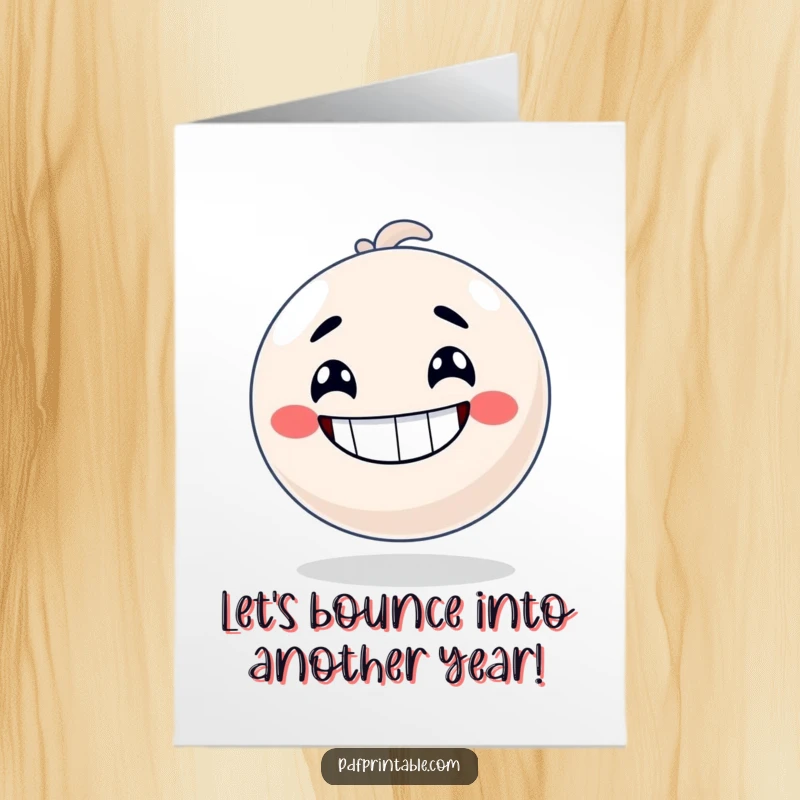 Funny Free Printable Birthday Card: A grinning bouncy ball character is poised and ready to spring into action for a birthday.
