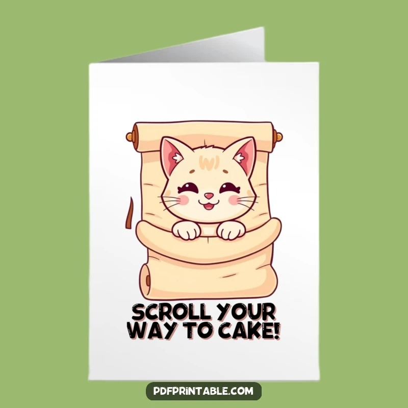 Free Printable Birthday Card: Cat Peeking from Scroll Funny Surprise Gift Downloadable