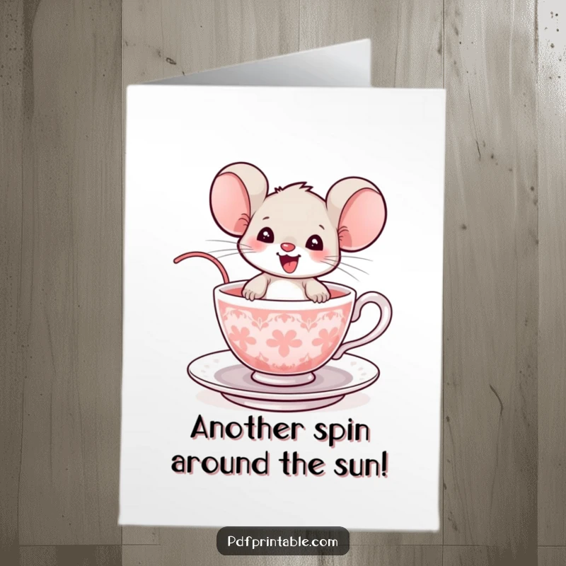 Funny Free Printable Birthday Card: A delighted mouse joyfully spins in a teacup, perfect for a laughter-filled celebration.