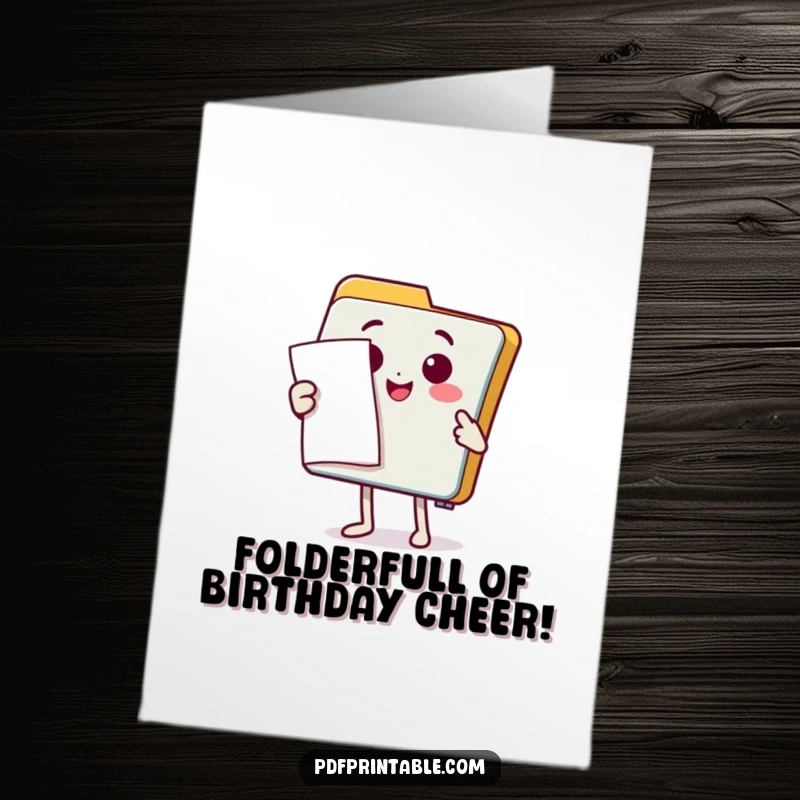 Funny Free Printable Birthday Card: Happy folder character presenting a document with a flourish. A humorous downloadable gift.