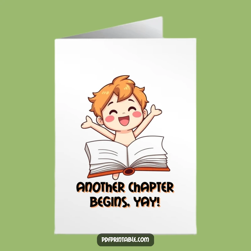 Free Printable Birthday Card: Funny Book Character Jumping Joyfully - Downloadable & DIY Gift