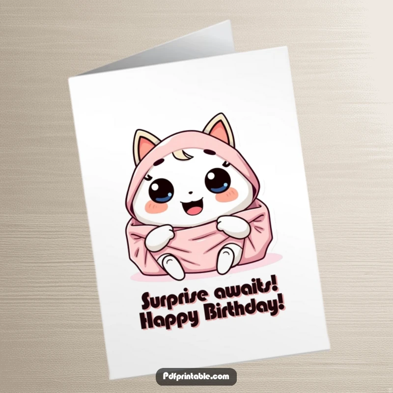 Funny Free Printable Birthday Card: Giggling Kawaii character, unfolding a large, colorful design, spreading birthday cheer.