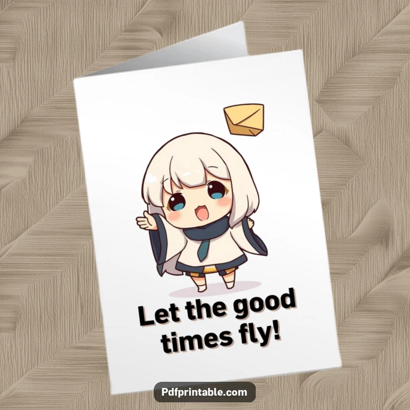 Funny Free Printable Birthday Card: Character joyfully tossing a small folded paper object, mid-flight, with a cheeky grin.