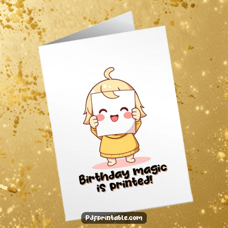 Funny Free Printable Birthday Card featuring a cute character smiling triumphantly while holding a freshly printed page.