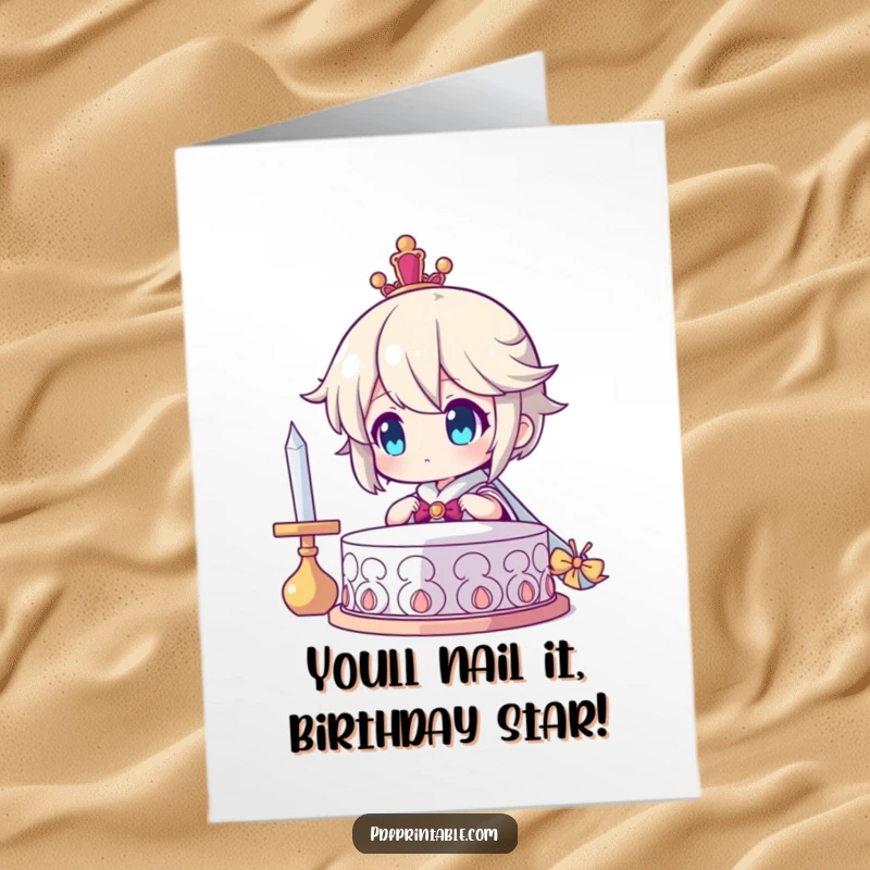 Funny Free Printable Birthday Card: Character beaming with immense pride, admiring a recently completed creation with a satisfied smile.
