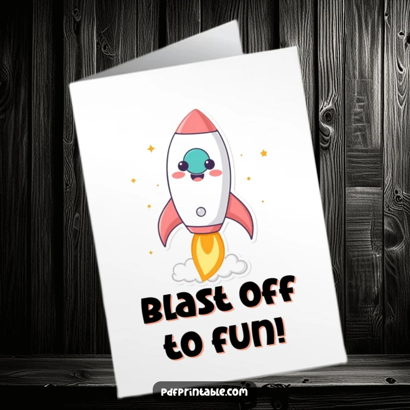 Funny Free Printable Birthday Card: A kawaii rocket character blasts off from a giant, smiling sheet of paper, wishing happy birthday.