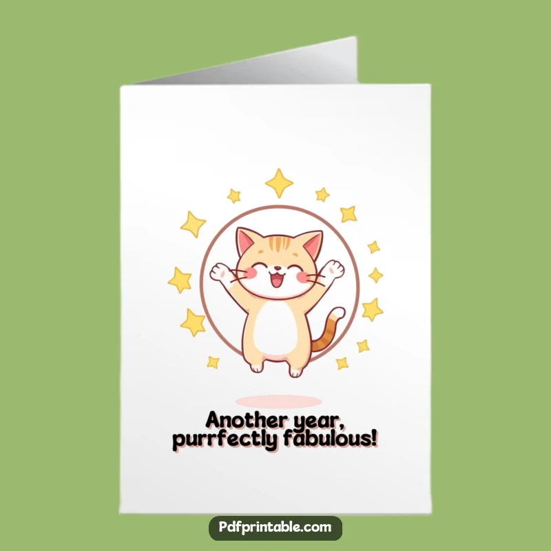 Free Printable Cat Birthday Card: Star Hoop Jump Humorous Downloadable Gift