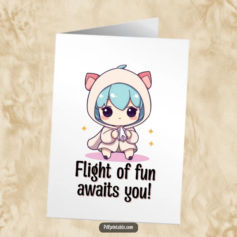 Funny Free Printable Birthday Card: Character intensely focused on folding a tiny paper airplane design.