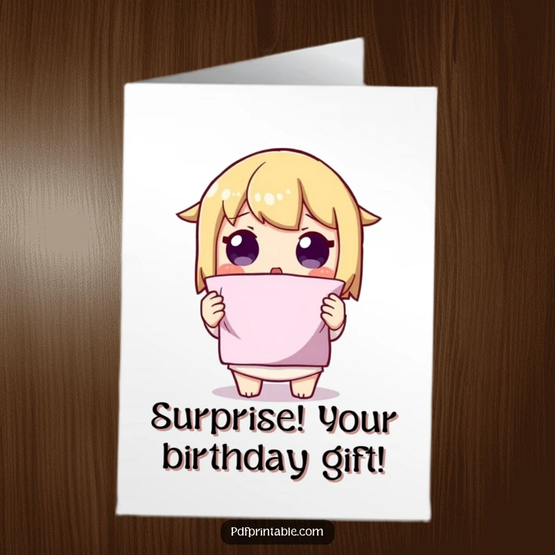 Funny Free Printable Birthday Card: A surprised character holds up a perfectly folded shape, expressing amazement on a birthday, downloadable.
