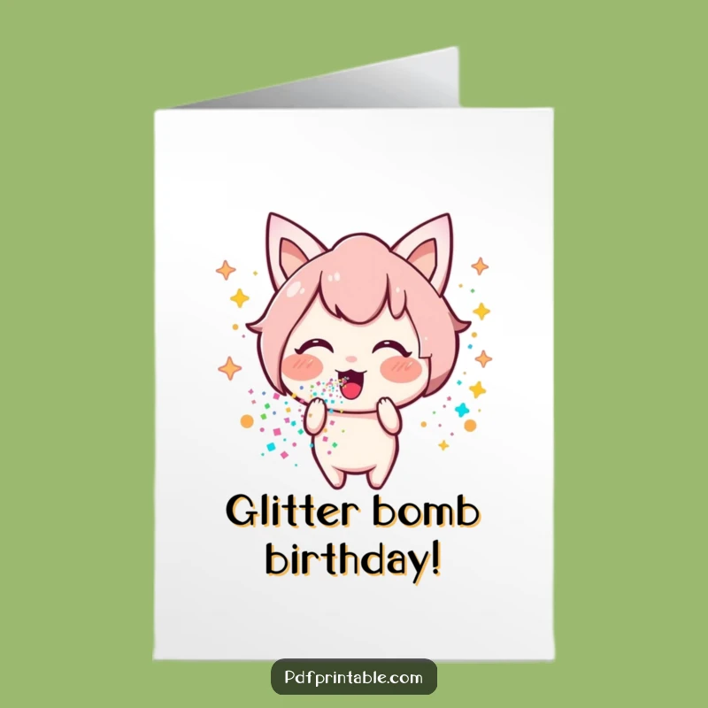 Free Printable Birthday Card Kawaii: Funny Glitter Blow, Downloadable Gift