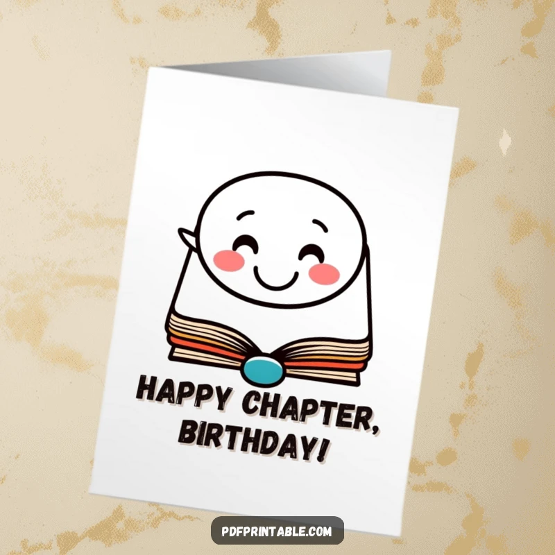 Funny Free Printable Birthday Card: Happy book character with a speech bubble showing a smiling face for a bookworm celebration.