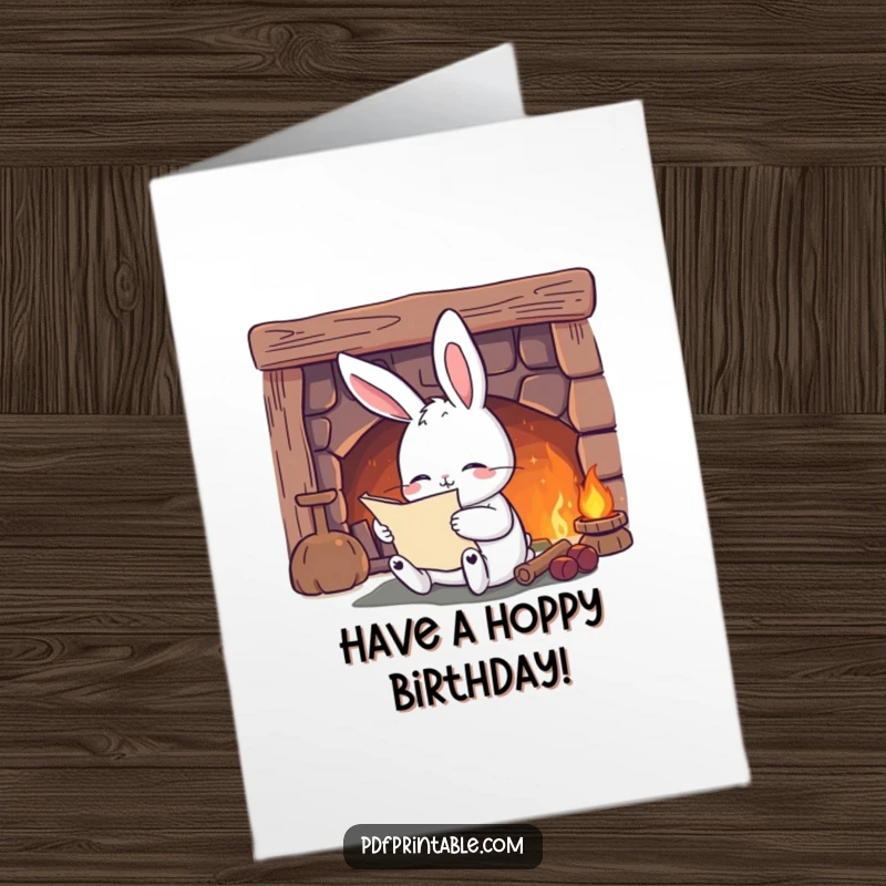 Funny Free Printable Birthday Card: Content rabbit reading a scroll by a cozy fireplace, wishing happy birthday.