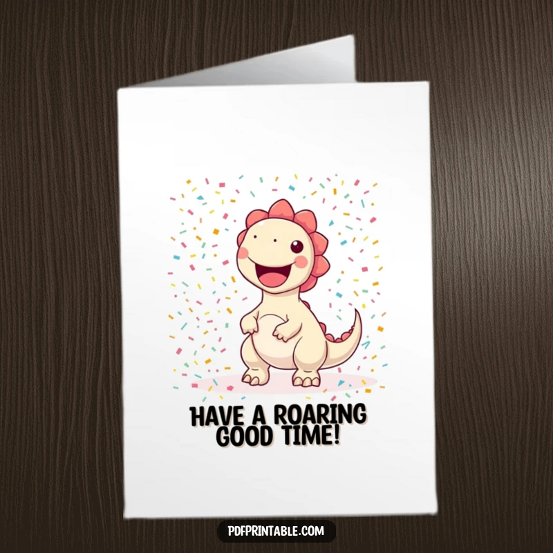 Funny Free Printable Birthday Card: A kawaii dinosaur gleefully operates a printer, creating a massive, vibrant confetti explosion.