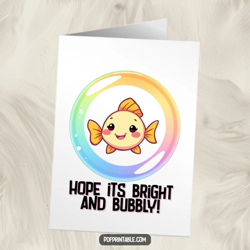 Funny Free Printable Birthday Card: A smiling fish glides through a vibrant rainbow bubble, spreading birthday cheer.
