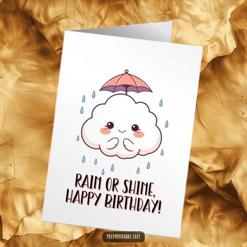 Funny Free Printable Birthday Card: Cute cloud character holding a tiny umbrella, happily catching raindrops for a whimsical birthday.