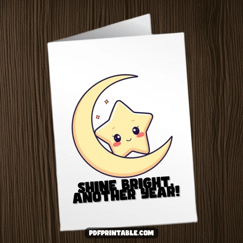 Funny free printable birthday card showing a curious star character peeking playfully from behind a serene crescent moon.