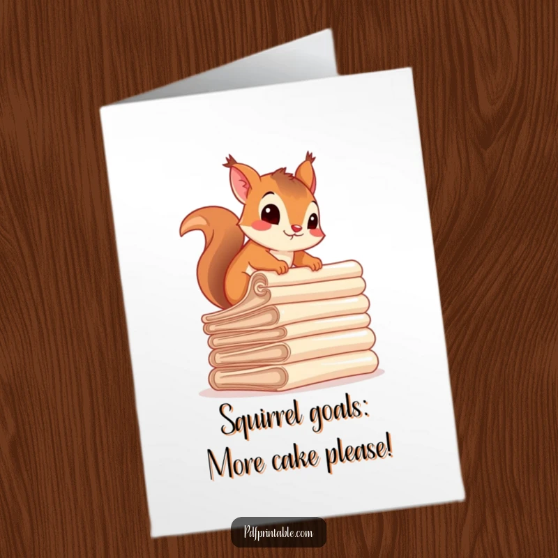 Funny Free Printable Birthday Card: Curious squirrel scaling a mountain of office paperwork, ready to deliver a laugh.