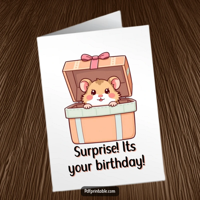 Funny Free Printable Birthday Card: A curious hamster peeks out from a giant, opened gift box, full of birthday excitement.