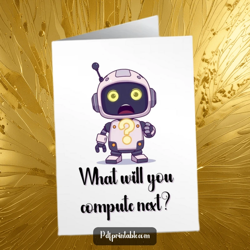 Funny Free Printable Birthday Card: A surprised robot holds a giant, glowing question mark, pondering the birthday surprise.