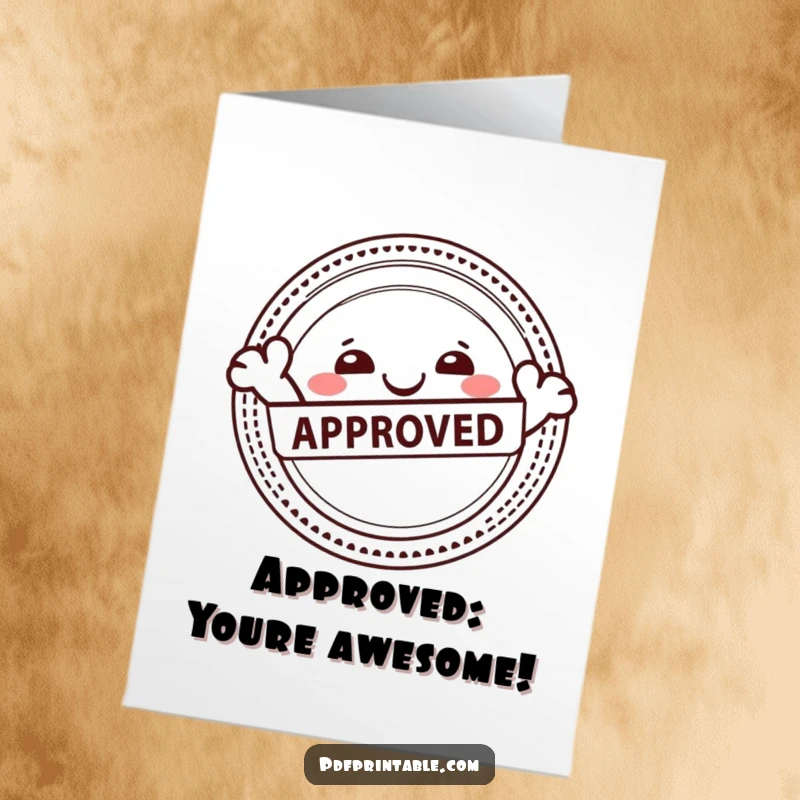Funny Free Printable Congratulations Card showing a happy character joyfully stamping an Approved seal on a document.