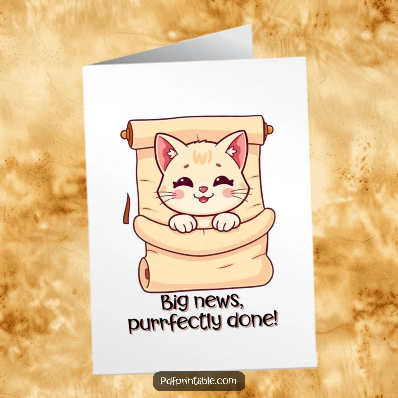 Funny Free Printable Congratulations Card featuring a smiling cat emerging from a giant, unrolled scroll.