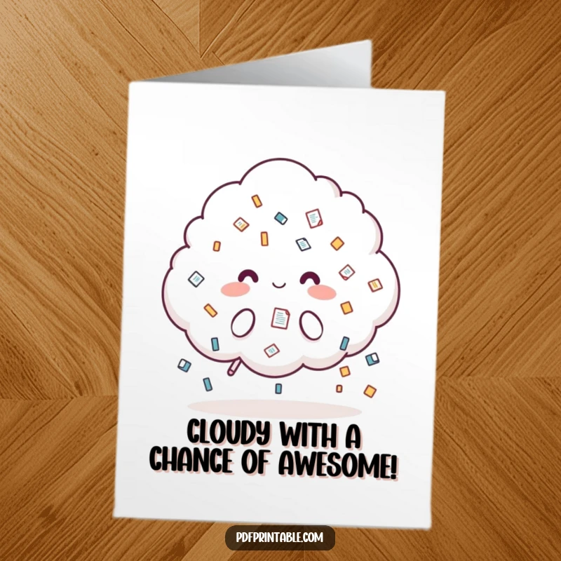 Funny Free Printable Congratulations Card: Cloud character raining stylized document icons. A humorous downloadable gift for success.