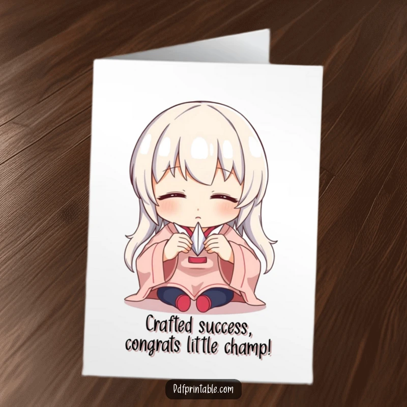Funny Free Printable Congrats Card: Character focused on folding a tiny paper crane, perfect for congratulating achievements with humor.