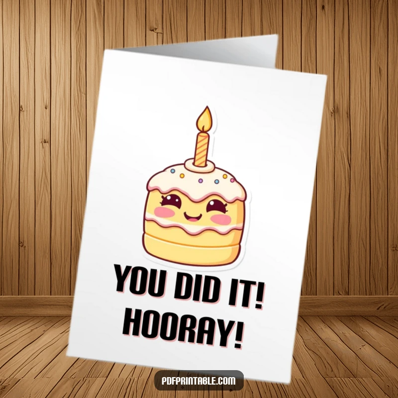 Funny Free Printable Congratulations Card with a beaming cake character, spreading cheer and good vibes.