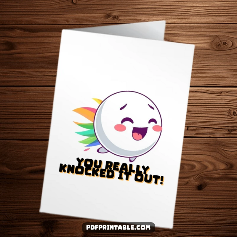 Funny free printable congratulations card featuring a playful bouncy ball character with a vibrant, colorful streak trailing behind it.