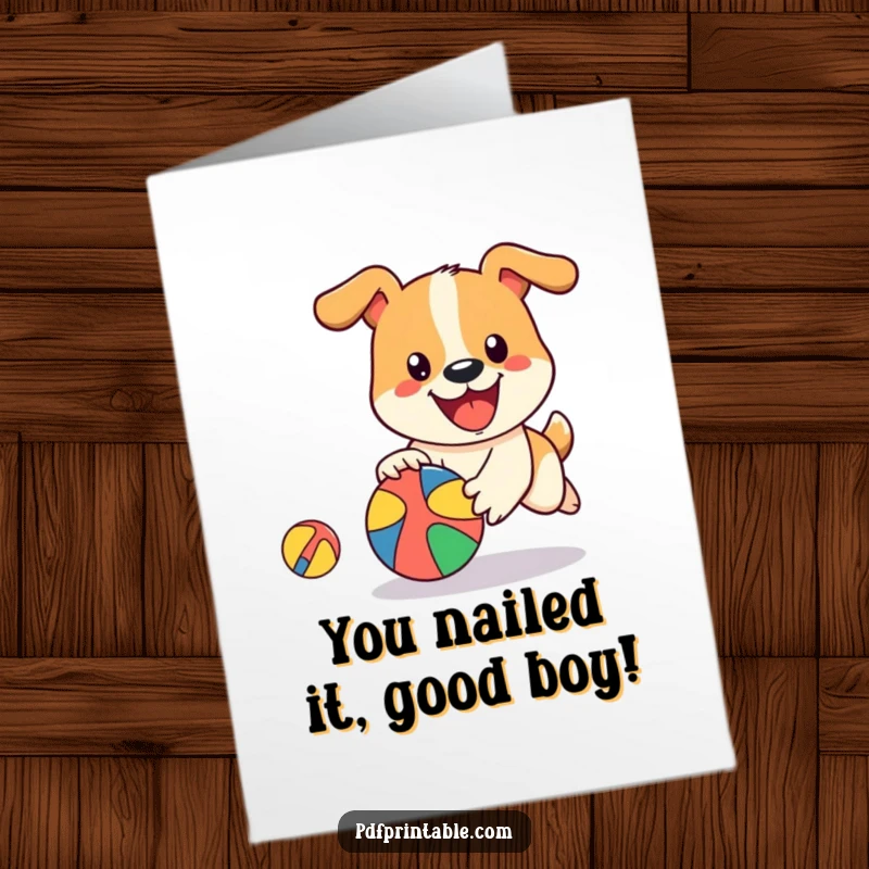 Funny Free Printable Congratulations Card: A happy dog enthusiastically chasing a vibrant, bouncing ball.