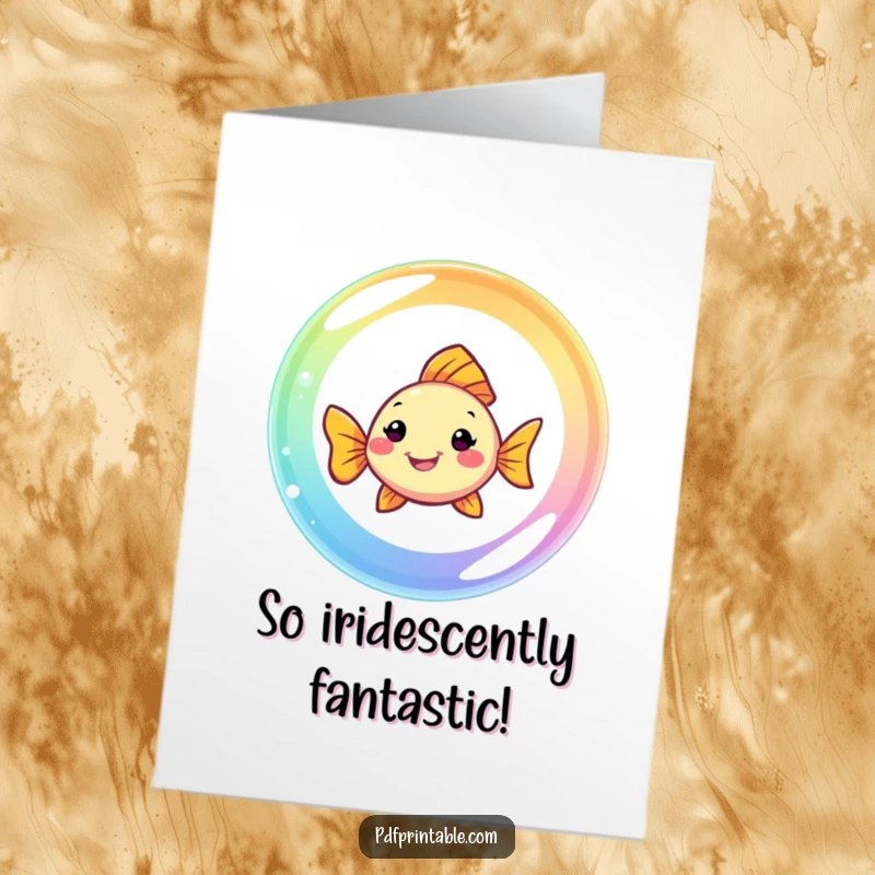 Funny Free Printable Congrats Card: A smiling fish swims joyfully through a dazzling rainbow bubble, celebrating achievement.