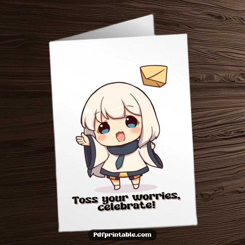 Funny Free Printable Congrats Card: Character playfully tossing a small folded paper object, conveying a sense of carefree celebration.