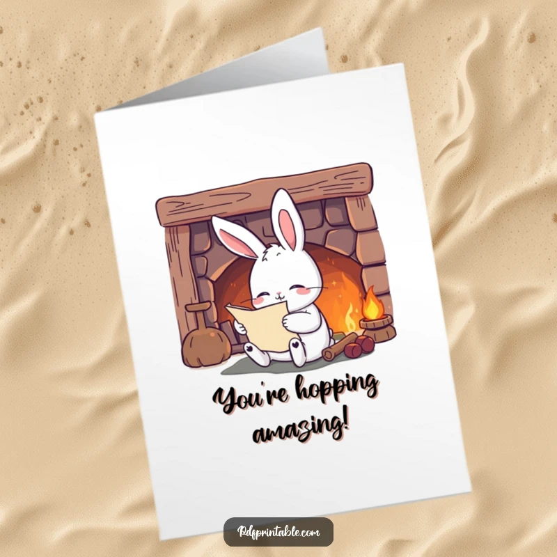 Funny Free Printable Congratulations Card: Content rabbit reading a scroll and celebrating an achievement by the fireplace.