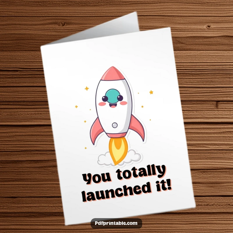 Funny Free Printable Congratulations Card: A kawaii rocket character achieves liftoff from a large, grinning paper, celebrating success.