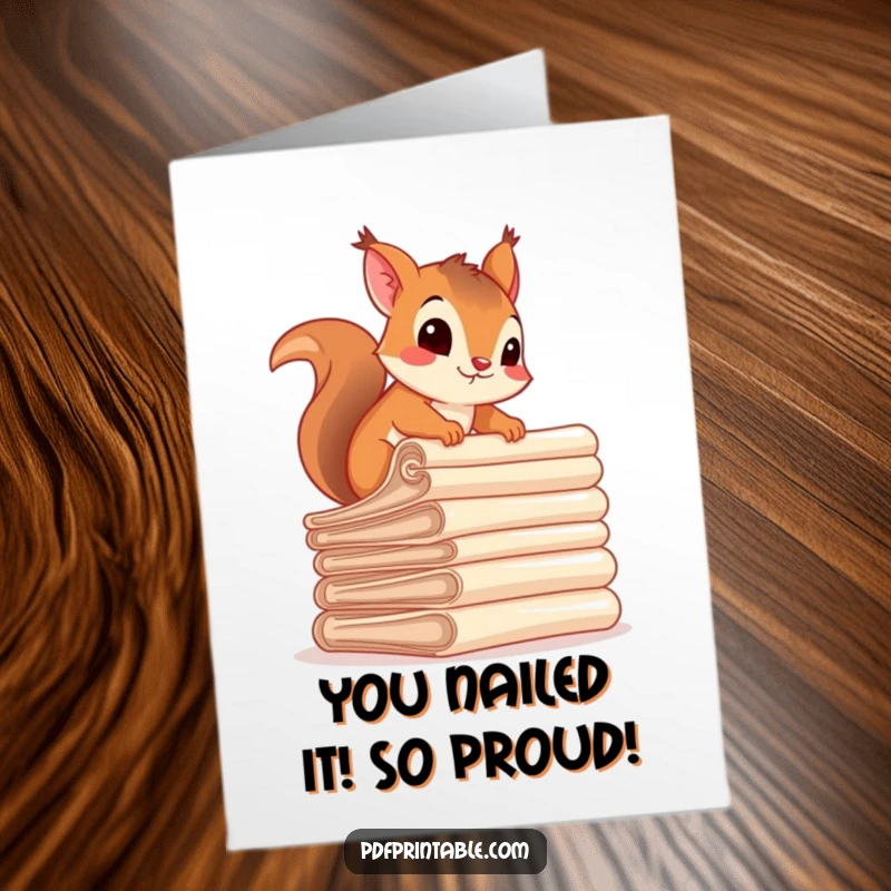 Funny Free Printable Congratulations Card: Ambitious squirrel conquering a stack of documents, symbolizing success and hard work.